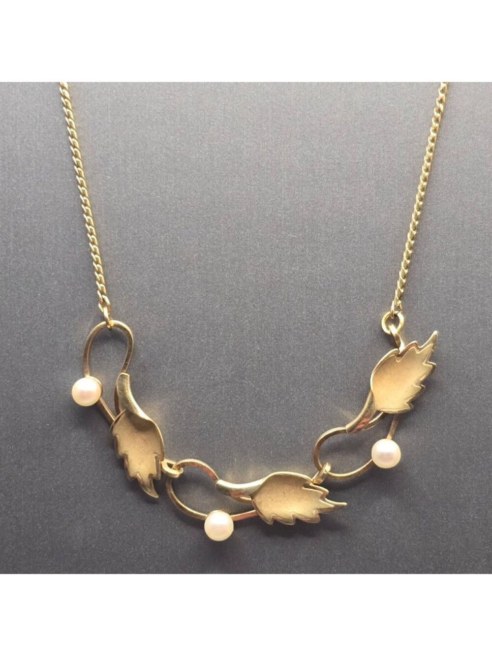Vintage De Curtis DCE 14K Gold Filled Pearl Leaf Choker Necklace 14" Mid Century - Picture 1 of 16
